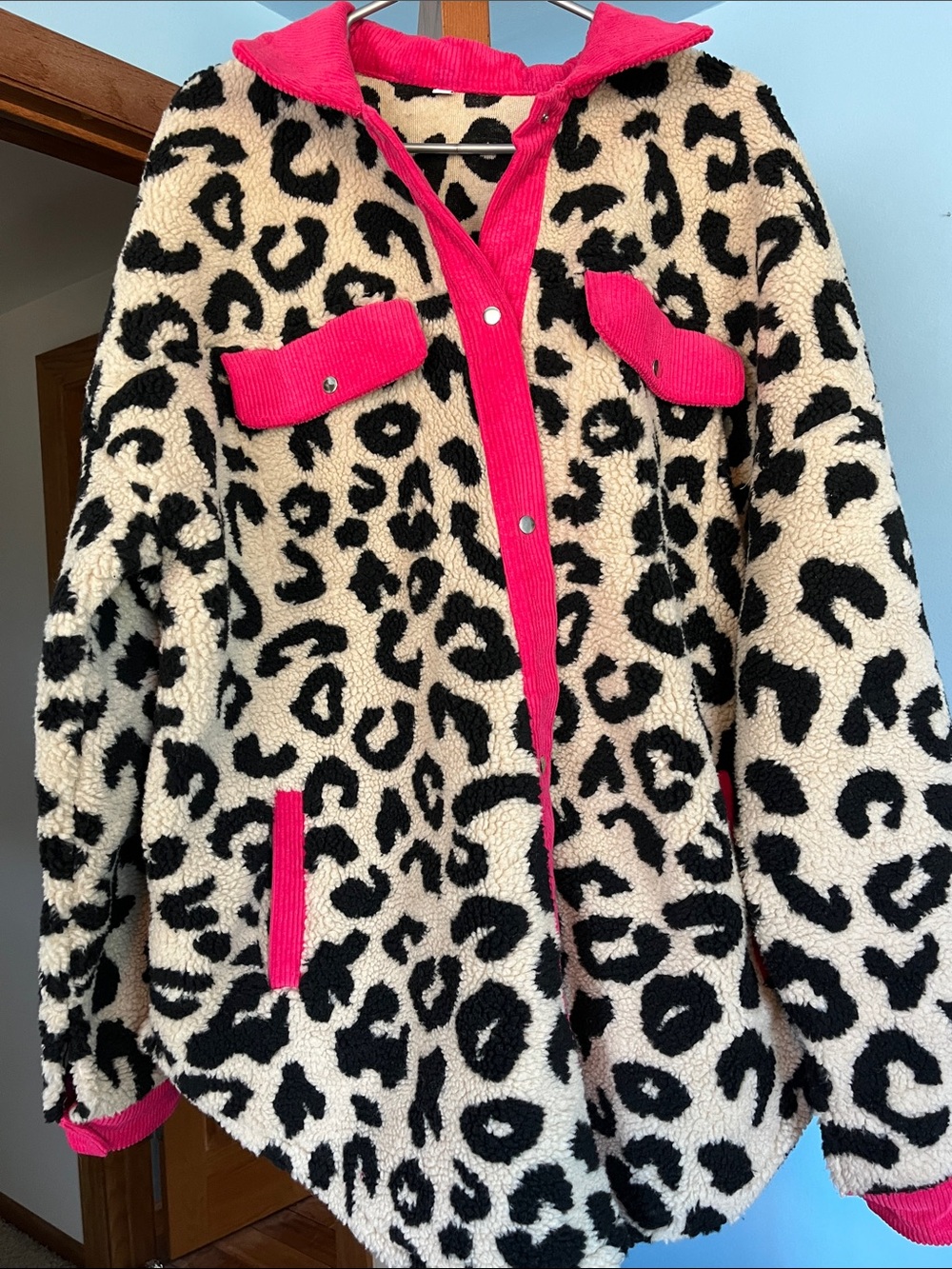 Leopard Print Sherpa Jacket with Hot Pink Trim, Womens